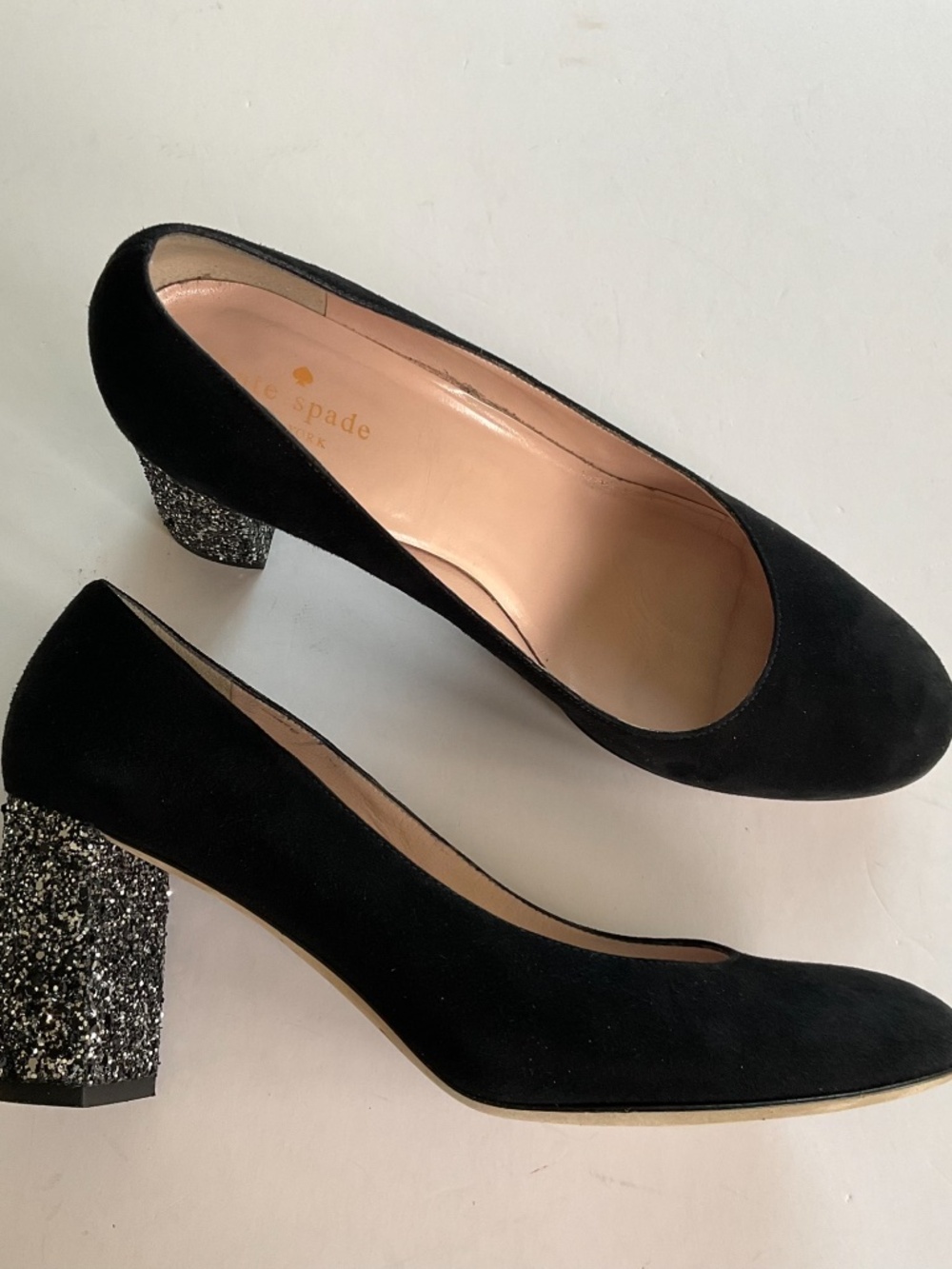 KATE SPADE  DOLORES  Black Suede / Silver Glitter Block Heels Size 9.5